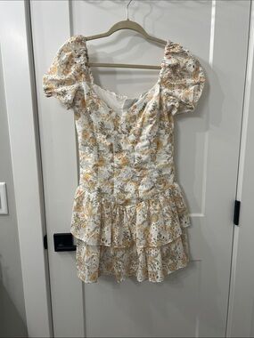 Bardot Cream Eyelet Dress with Yellow and Orange Floral Print